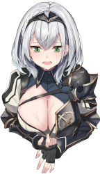 Rule 34 | 1girl, absurdres, armor, blouse, breasts, green eyes, headpiece, highres, hololive, large breasts, looking down, open mouth, shirogane noel, shirogane noel (1st costume), shirt, short hair, simple background, solo, upper body, virtual youtuber, white background, white shirt, yuuzuki (re&#039;ef)