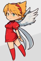 Rule 34 | 1girl, angel wings, blonde hair, blue eyes, boots, breasts, breath of fire, breath of fire iii, capcom, chibi, closed mouth, dress, full body, hairband, ibara., looking at viewer, nina (breath of fire iii), short hair, simple background, smile, solo, standing, white wings, wings