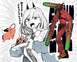 Rule 34 | + +, 1boy, 1girl, animal, black horns, black pants, blood, blood splatter, blue jacket, blush stickers, breasts, chainsaw, chainsaw man, closed eyes, colored blood, copyright name, cross-shaped pupils, demon horns, denji (chainsaw man), dog, food, green blood, handle, highres, holding, holding food, horns, ink (medium), jacket, large breasts, limited palette, long hair, medium breasts, necktie, no eyes, pants, plate, pochita (chainsaw man), power (chainsaw man), sharp teeth, shirt, sleeves rolled up, string pull, symbol-shaped pupils, tail, teeth, traditional media, white background, white shirt, zyugoya
