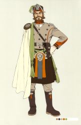 Rule 34 | 10s, 1boy, absurdres, beard, boots, cape, color guide, concept art, facial hair, full body, gloves, gun, hat, highres, holster, kayvan, last exile, last exile: gin&#039;yoku no fam, male focus, military, military uniform, murata range, official art, scan, simple background, solo, tassel, uniform, weapon