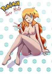 Rule 34 | 1girl, acpuig, alternate hair length, alternate hairstyle, anus, artist name, barefoot, breasts, creatures (company), game freak, green eyes, highres, licking lips, long hair, misty (pokemon), nintendo, nipples, nude, one eye closed, orange hair, poke ball, pokemon, pussy, sitting, solo, toes, tongue, tongue out, v, wink