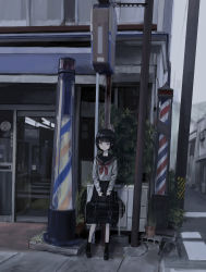 Rule 34 | 1girl, absurdres, bag, barber pole, black bag, black footwear, black hair, black sailor collar, black skirt, black socks, blue eyes, blunt bangs, breasts, building, closed mouth, commentary, day, glass door, grey shirt, highres, holding, holding bag, leaf, long sleeves, looking at viewer, neckerchief, original, outdoors, plant, pleated skirt, pole, potted plant, red neckerchief, sailor collar, sakiika0513, school uniform, serafuku, shirt, shoes, short hair, skirt, small breasts, smile, socks, solo, standing, wide shot