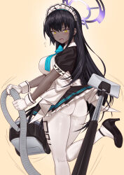 Rule 34 | 1girl, apron, aqua bow, ass, black footwear, black hair, blue archive, blue bow, bow, breasts, dark-skinned female, dark skin, from behind, gloves, halo, high heels, highres, karin (blue archive), large breasts, long hair, looking back, maid, maid headdress, ochiaki, open mouth, pantyhose, shoes, short sleeves, simple background, solo, underwear, vacuum cleaner, very dark skin, weapon, white gloves, white pantyhose, yellow eyes