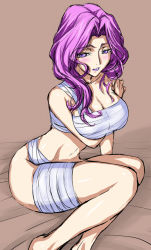 Rule 34 | 00s, 1girl, arm support, bandages, barefoot, bed sheet, blush, breast hold, breast rest, breasts, cleavage, code geass, cornelia li britannia, embarrassed, from side, fura, hand on own shoulder, huge breasts, indoors, large breasts, leaning forward, lipstick, long hair, looking at viewer, makeup, naked bandage, navel, parted lips, purple eyes, purple hair, purple lips, sarashi, sitting, sketch, solo, wavy hair, wide hips