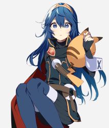 Rule 34 | 1girl, black gloves, black shirt, blue eyes, blue hair, blush, boots, cape, commentary, creatures (company), fingerless gloves, fire emblem, fire emblem awakening, game freak, gen 1 pokemon, gloves, grey background, highres, long hair, long sleeves, looking at viewer, lucina (fire emblem), nintendo, open mouth, pikachu, pokemon, pokemon (creature), ribbed sweater, ryon (ryonhei), shirt, simple background, super smash bros., sweater, tail, thigh boots, thighhighs, tiara, wrist cuffs