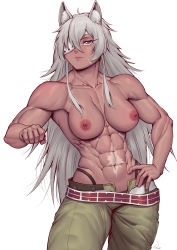 Rule 34 | 1girl, abs, absurdres, animal ear fluff, animal ears, broad shoulders, cowboy shot, dark-skinned female, dark skin, expressionless, eyepatch, ghislaine dedoldia, green pants, grey hair, half-closed eyes, hand on own hip, highres, holding, long hair, muscular, muscular arms, muscular female, mushoku tensei, nipples, obliques, one-eyed, pants, scar, scar on face, scar on stomach, simple background, solo, speedl00ver, standing, tail, tail ornament, tail ring, topless, weapon, white background