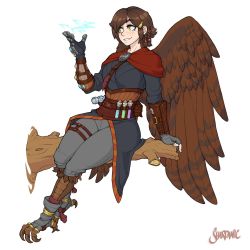 Rule 34 | 1girl, artist name, belt, belt pouch, bird legs, brown hair, brown wings, electricity, feathered wings, freckles, hammer, harpy, highres, monster girl, original, pouch, shardanic, simple background, sitting on branch, solo, talons, utility belt, vambraces, vial, white background, wings, yellow eyes