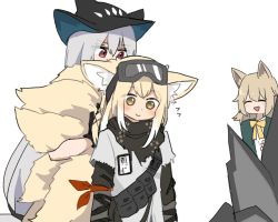 Rule 34 | 3girls, :d, ^^^, ^ ^, animal ear fluff, animal ears, arknights, arm ribbon, ascot, black capelet, black gloves, black headwear, black pants, blonde hair, blush, capelet, closed eyes, closed mouth, coat, commentary, dog ears, dog girl, eyes visible through hair, eyewear on head, fox ears, fox girl, fox tail, gloves, goggles, goggles on head, green coat, green eyes, hair between eyes, hat, hugging another&#039;s tail, id card, kitsune, kumamoto aichi, kyuubi, long hair, multiple girls, multiple tails, official alternate costume, open clothes, open coat, open mouth, pants, podenco (arknights), pouch, red eyes, red ribbon, ribbon, rock, silver hair, simple background, skadi (arknights), smile, surprised, suzuran (arknights), suzuran (lostlands flowering) (arknights), tail, hugging tail, white background, yellow ribbon