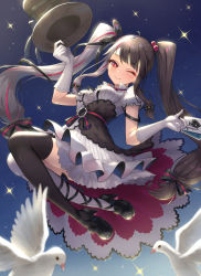 Rule 34 | 1girl, ace (playing card), ace of spades, animal, asymmetrical legwear, between fingers, bird, black bow, black footwear, black hair, black hat, black ribbon, black thighhighs, bow, breasts, card, collared dress, commentary request, dress, elbow gloves, full body, gloves, gohei (aoi yuugure), hair bobbles, hair bow, hair ornament, hair ribbon, hat, high heels, highres, holding, holding card, holding clothes, holding hat, long hair, looking at viewer, medium breasts, mismatched legwear, multicolored hair, nijisanji, one eye closed, pink hair, playing card, puffy short sleeves, puffy sleeves, ribbon, shoes, short sleeves, silver hair, sky, smile, solo, spade (shape), sparkle, split-color hair, star (sky), starry sky, streaked hair, thighhighs, top hat, twintails, two-tone hair, unworn hat, unworn headwear, very long hair, virtual youtuber, white dress, white gloves, white thighhighs, wink, yorumi rena, yorumi rena (1st costume)