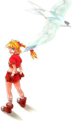 Rule 34 | 1girl, animal, bird, braid, chrono (series), chrono cross, flying, from behind, jacket, kid (chrono cross), lowres, multi-tied hair, ponytail, red jacket, red skirt, simple background, single braid, skirt, solo, white background