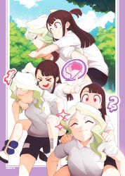 Rule 34 | &gt;o&lt;, 2girls, ?, ??, absurdres, artist name, bandages, blonde hair, blue eyes, blue sky, blush, border, brown hair, carrying, closed mouth, cloud, day, diana cavendish, closed eyes, forest, green hair, highres, ice cream cone, kagari atsuko, little witch academia, long hair, looking at another, multiple girls, multiple views, nature, no eyes, once 11h, open mouth, outdoors, piggyback, ponytail, purple border, red eyes, shirt, short sleeves, shorts, sky, smile, sparkle, sparkling eyes, teeth, tree, upper teeth only, v, white shirt, yuri