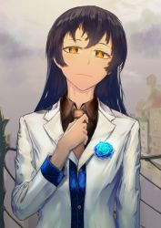 1girl, aqua flower, artist name, artist request, birthday, cloud, collared shirt, female focus, formal, happy birthday, holding necktie, long hair, long sleeves, looking at viewer, love live!, love live! school idol project, outdoors, parted lips, red neckwear, shirt, sky, solo, sonoda umi, suit, white shirt, white suit, yellow eyes