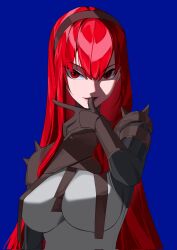 1girl black_bodysuit black_hairband blue_background bodysuit breasts finger_in_own_mouth hairband highres large_breasts long_hair looking_at_viewer mafrn3_(g03s) mechabare punishing:_gray_raven red_eyes red_hair shoulder_spikes solo spikes two-tone_bodysuit vera:_rozen_(pgr) vera_(pgr) white_bodysuit