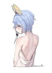 Rule 34 | 1girl, absurdres, animal ears, artist logo, back, bare back, bare shoulders, blue hair, closed mouth, clothes down, cropped torso, dated, ear covers, half-closed eyes, highres, horse ears, k.s.miracle (umamusume), profile, purple eyes, saramiao-chan, short hair, shoulder blades, simple background, solo, umamusume, upper body, white background