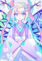 Rule 34 | 1girl, blonde hair, blue bow, blue eyes, blue hair, blue wings, blush stickers, bow, butterfly wings, chouzetsusaikawa tenshi-chan, closed mouth, commentary request, cowboy shot, gekkou chou, hair bow, hair branch, hair rings, highres, insect wings, japanese clothes, kimono, long hair, long sleeves, looking at viewer, multicolored hair, multiple hair bows, needy girl overdose, official alternate costume, official alternate hairstyle, pink bow, pink hair, purple bow, purple kimono, smile, solo, standing, sushiuma m, very long hair, wide sleeves, wings
