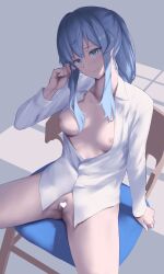 Rule 34 | 1girl, blue eyes, blue hair, breasts, breasts out, censored, chair, collared shirt, commission, den (kur0 yuki), gotland (kancolle), heart, heart censor, highres, kantai collection, long hair, long sleeves, medium breasts, mole, mole under eye, naked shirt, nipples, pixiv commission, ponytail, pussy, shirt, sidelocks, sitting, solo, spread legs, white shirt