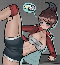 Rule 34 | 1girl, abs, arm support, asahina aoi, blue eyes, brown hair, cameltoe, chest sarashi, cleft of venus, danganronpa (series), grabbing own thigh, grey background, gym shorts, hair ornament, highres, jacket, knee pads, leaning, leaning on object, leaning on table, leaning to the side, leg up, looking at viewer, pants, red jacket, sarashi, sexually suggestive, shorts, skindentation, solo, standing, standing on one leg, striped clothes, striped pants, tagme, thick thighs, thighs, thinking, toned, track jacket