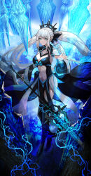 Rule 34 | 1girl, absurdres, black bow, black dress, blue eyes, bow, braid, breasts, center opening, cleavage, clothing cutout, dress, fate/grand order, fate (series), french braid, grey hair, hair bow, highres, large breasts, long hair, long sleeves, looking at viewer, morgan le fay (fate), navel, ponytail, sidelocks, smile, solo, stomach cutout, stomach tattoo, tattoo, thighs, tonyblue2, two-tone dress