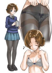 Rule 34 | 10s, 1girl, adjusting bra, adjusting clothes, black bow, black footwear, black neckwear, black pantyhose, blue bra, blue eyes, blue panties, blue skirt, blue sweater, bow, bow bra, bow panties, bra, braid, closed eyes, closed mouth, commentary, cropped legs, crotch seam, dress shirt, eighth note, emblem, girls und panzer, hair bow, highres, holding, holding teapot, lace, lace-trimmed bra, lace-trimmed panties, lace trim, legs, lifting own clothes, loafers, long sleeves, looking at viewer, miniskirt, multiple views, musical note, necktie, orange hair, orange pekoe (girls und panzer), panties, pantyhose, pantyhose lift, parted bangs, pleated skirt, school uniform, shirt, shoes, short hair, skirt, smile, st. gloriana&#039;s (emblem), st. gloriana&#039;s school uniform, standing, sweater, teapot, thighband pantyhose, twin braids, underwear, v-neck, white shirt, wing collar, yamano rita