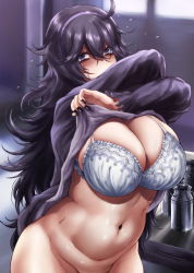Rule 34 | 1girl, @ @, ahoge, alternate breast size, black nails, blush, bra, breasts, cleavage, clothes lift, commentary request, creatures (company), embarrassed, game freak, hairband, has bad revision, has downscaled revision, hex maniac (pokemon), highres, hikari (komitiookami), huge breasts, md5 mismatch, messy hair, muffin top, nail polish, navel, nintendo, no panties, pokemon, pokemon xy, purple eyes, purple hair, purple hairband, resolution mismatch, ribbed sweater, shiny skin, solo, source smaller, sweat, sweater, sweater lift, underwear, undressing, white bra