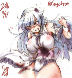 Rule 34 | 1girl, 2016, aqua hair, artist name, beaten, blood, blue hair, boots, breasts, dated, detached sleeves, flower, hair flower, hair ornament, hairband, huge breasts, japanese clothes, kimono, leotard, long hair, obi, pain, punching, red eyes, ring dream, ryona, sasaki yukime, sash, solo, suga leon, tears, thighhighs, torn clothes, violence, wrestling outfit, yuki onna (ring dream)