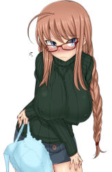 Rule 34 | 1girl, ahoge, blue eyes, blue skirt, blush, bra, unworn bra, braid, braided ponytail, breasts, brown hair, covered erect nipples, cowboy shot, crossed arms, glasses, green shirt, green sweater, hand on own thigh, highres, holding, holding bra, holding clothes, holding underwear, huge breasts, komusou (jinrikisha), leaning forward, long hair, looking at viewer, looking over eyewear, miniskirt, ooba minori, original, ponytail, red-framed eyewear, ribbed sweater, shirt, simple background, skirt, solo, standing, sweater, turtleneck, turtleneck sweater, underwear, white background