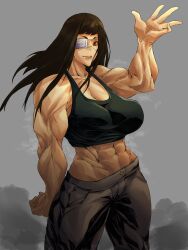 Rule 34 | 1girl, abs, absurdres, bare shoulders, black hair, breasts, cleavage, eyepatch, highres, jormungand (manga), large breasts, long hair, looking at viewer, midriff, muscular, muscular arms, muscular female, pants, sofia valmer, solo, tank top, tattoo, waving, yellow eyes