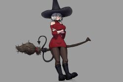 Rule 34 | 1girl, alternate costume, annoyed, black footwear, black nails, crossed arms, demon, demon girl, demon tail, grey background, hat, helltaker, highres, malina (helltaker), mop, pantyhose, red eyes, red sweater, sweater, tail, tail wrap, vosmon, white hair, witch, witch hat