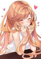 Rule 34 | 1girl, aoi (kirabosi105), blush, clarisse (granblue fantasy), elbows on table, closed eyes, granblue fantasy, heart, highres, long hair, orange hair, playing with own hair, sleeveless, sleeveless sweater, smile, solo, sweater, white background