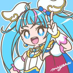 Rule 34 | 1girl, :d, blue background, blue cape, blue eyes, blue hair, bright pupils, brooch, cape, cure sky, detached sleeves, dress, earrings, fingerless gloves, gloves, highres, hirogaru sky! precure, jewelry, long hair, looking at viewer, mayena, multicolored hair, open mouth, outline, pink hair, precure, puffy detached sleeves, puffy sleeves, red cape, single earring, single sidelock, sleeveless, smile, solo, sora harewataru, streaked hair, twintails, upper body, v, very long hair, white dress, white gloves, white outline, white pupils, wing brooch, wing hair ornament