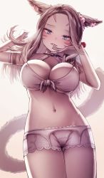 Rule 34 | 1girl, animal ears, armlet, warrior of light (ff14), bikini, bikini top only, blonde hair, blue eyes, blush, breasts, cat ears, cat tail, cowboy shot, facial mark, final fantasy, final fantasy xiv, front-tie bikini top, front-tie top, large breasts, long hair, looking at viewer, miqo&#039;te, navel, rot lapin, shorts, solo, swimsuit, tail, whisker markings, white background