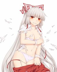 Rule 34 | 1girl, blush, bow, breasts, clenched teeth, commentary request, convenient censoring, cowboy shot, fujiwara no mokou, hair bow, long hair, looking at viewer, miyo (ranthath), navel, panties, pants, red eyes, red pants, shirt, silver hair, simple background, small breasts, solo, standing, stomach, teeth, torn clothes, torn shirt, touhou, underwear, very long hair, white background, white bow, white panties, white shirt, wing collar