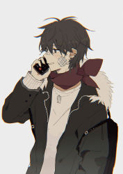 Rule 34 | 1boy, artist name, bad id, bad pixiv id, bag, bandaid, bandaid on face, bandaid on nose, black bag, black eyes, black hair, black jacket, blush, cellphone, chromatic aberration, dog tags, ear piercing, earrings, film grain, fur-trimmed jacket, fur trim, grey background, hair between eyes, holding, holding phone, jacket, jewelry, lococo:p, male focus, open clothes, open jacket, original, parted lips, phone, piercing, red scarf, scarf, simple background, smile, solo, talking on phone, teeth
