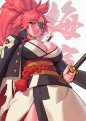 Rule 34 | 1girl, absurdres, amputee, baiken, breasts, character name, cleavage, eyepatch, facial mark, guilty gear, guilty gear xrd, highres, holding, holding sword, holding weapon, japanese clothes, katana, kimono, large breasts, long hair, looking at viewer, nail polish, one-eyed, open clothes, parted lips, pink hair, pink lips, pink nails, ponytail, red eyes, riz, rope, rope belt, samurai, sash, scar, scar across eye, scar on face, sheath, sheathed, simple background, skull print, solo, sword, weapon