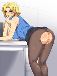 Rule 34 | 1girl, akagi ritsuko, ass, bent over, blonde hair, blush, breasts, clothes lift, earrings, female focus, gradient background, greco roman (spiral brain), green eyes, highres, jewelry, large breasts, lipstick, makeup, neon genesis evangelion, no panties, open mouth, pantyhose, short hair, skirt, skirt lift, smile, solo, sweat, torn clothes, torn pantyhose, white background