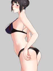 Rule 34 | 10s, 1girl, alternate costume, ass, back, bad id, bad pixiv id, black hair, black panties, blush, bra, butt crack, cowboy shot, eyelashes, from side, grey background, hair bun, kantai collection, lace, lace-trimmed panties, lace trim, meron, myoukou (kancolle), panties, purple eyes, simple background, single hair bun, solo, underwear, underwear only