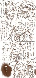 Rule 34 | 2girls, 4koma, blank eyes, book, bow, cape, capelet, cherry, comic, commentary, dera fury, dual persona, closed eyes, flower, food, fruit, hair flower, hair ornament, hair ribbon, hairband, hat, hat bow, hatsune miku, highres, holding, holding book, index finger raised, large hat, long hair, monochrome, multiple girls, necktie, own hands together, pamphlet, ribbon, smile, snowflake print, surprised, tears, treble clef, twintails, very long hair, vocaloid, witch hat, yuki miku, yuki miku (2014), yuki miku (2015)