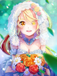 Rule 34 | 1girl, absurdres, blonde hair, blurry, blurry foreground, blush, bouquet, breasts, bridal veil, chromatic aberration, cleavage, collar, collarbone, commentary request, daisy, dress, ear piercing, earrings, eyes visible through hair, flower, flower-trimmed dress, frilled dress, frills, hair flower, hair ornament, hair over one eye, highres, holding, holding bouquet, jewelry, long hair, looking at viewer, matsurugi tsukasa, medium breasts, multicolored hair, nikaidou saki, off-shoulder dress, off shoulder, open mouth, orange eyes, orange flower, orange hair, orange rose, partial commentary, piercing, red flower, red rose, rose, solo, streaked hair, tano asami, veil, voice actor connection, wedding, wedding dress, white collar, white dress, white flower, zombie land saga