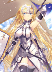 Rule 34 | 1girl, arm up, armor, armpits, blonde hair, blue eyes, breasts, chain, fate/apocrypha, fate/grand order, fate (series), female focus, flag, flagpole, hair down, headwear request, jeanne d&#039;arc (fate), jeanne d&#039;arc (ruler) (fate), jeanne d&#039;arc (third ascension) (fate), large breasts, long hair, md5 mismatch, senoo aoi, solo, sword, thighhighs, very long hair, weapon, zettai ryouiki