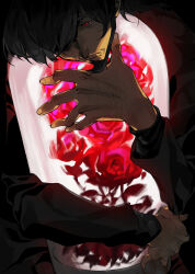 Rule 34 | 1boy, bacchus lpiii, bad source, beard, black hair, black jacket, closed mouth, eyelashes, facial hair, fingernails, flower, hair over one eye, hand hair, highres, jacket, jigen daisuke, large hands, long sleeves, lupin iii, male focus, mature male, red eyes, red flower, red rose, rose, serious, solo