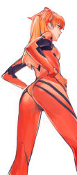 Rule 34 | 1girl, ass, from below, from side, hair between eyes, hands on own hips, highres, kiyohisa, kneepits, legs apart, long hair, long image, neon genesis evangelion, orange hair, plugsuit, simple background, skin tight, solo, souryuu asuka langley, standing, tall image, two side up, white background