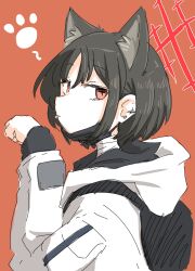 Rule 34 | 1girl, animal ears, backpack, bag, bandaged neck, bandages, black hair, black shirt, blue archive, cat ears, closed mouth, coat, halo, hand up, hariyaa, highres, hood, hood down, hooded coat, kemonomimi mode, long sleeves, looking at viewer, looking to the side, mask, mask pull, misaki (blue archive), mouth mask, orange background, orange eyes, paw pose, paw print, shirt, sidelocks, sketch, solo, tongue, tongue out, upper body, white coat