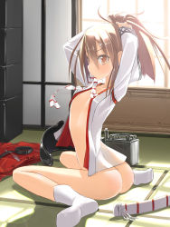 Rule 34 | 10s, 1girl, adjusting hair, areola slip, ass, bottomless, breasts, brown eyes, collarbone, dressing, from behind, hachimaki, hair between eyes, headband, high ponytail, highres, indoors, japanese clothes, kantai collection, light brown hair, light particles, long sleeves, looking at viewer, mouth hold, muneate, naked shirt, no bra, no panties, onmyouji, open clothes, open door, open shirt, patricia (stylish marunage), ponytail, red skirt, ribbon, ribbon in mouth, shirt, short ponytail, sitting, skirt, unworn skirt, small breasts, solo, tatami, tying hair, wariza, window, wooden floor, zuihou (kancolle)