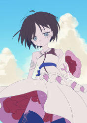 Rule 34 | 1girl, absurdres, armlet, bare shoulders, black hair, blue eyes, blue sky, boots, bouquet, bride, cloud, commentary request, cumulonimbus cloud, dress, earrings, expressionless, flower, highres, holding, holding bouquet, jewelry, looking down, nomura kitan, nontraditional wedding dress, original, outdoors, red flower, red rose, rose, short hair, sky, sleeveless, sleeveless dress, solo, thigh boots, wedding dress, white dress
