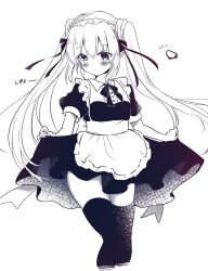Rule 34 | 1girl, alternate costume, apron, black dress, black ribbon, black thighhighs, blush, center frills, closed mouth, clothes lift, commentary request, cowboy shot, cup, dress, dress lift, enmaided, eyes visible through hair, floating hair, frilled apron, frills, hair between eyes, hair ribbon, heterochromia, highres, lifting own clothes, long hair, looking down, maid, maid apron, monochrome, nakatsu shizuru, neck ribbon, puffy short sleeves, puffy sleeves, rewrite, ribbon, short sleeves, simple background, solo, standing, straight hair, thighhighs, thighs, translated, twintails, very long hair, white apron, white background, yutori z71