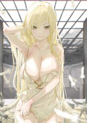 Rule 34 | 1girl, armpits, blonde hair, blurry, blurry background, breasts, closed mouth, collarbone, commentary, dress, falling feathers, feathers, hand in own hair, hand up, highres, indoors, kiss-shot acerola-orion heart-under-blade, kizumonogatari, large breasts, long hair, looking at viewer, monogatari (series), oshino shinobu, short dress, sitting, sleeveless, sleeveless dress, smile, solo, strap slip, usa003uni, very long hair, white dress, yellow eyes