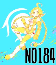 Rule 34 | 1girl, ahoge, alternate color, animal ears, azumarill, blue background, blush, braid, breasts, cleavage, clenched hand, clothing cutout, creatures (company), elbow gloves, female focus, full body, game freak, garter straps, gen 2 pokemon, gloves, hair ornament, long hair, looking at viewer, multicolored hair, navel, nintendo, personification, pokedex number, pokemon, shiny pokemon, short hair, side cutout, simple background, small breasts, solo, thighhighs, twin braids, twintails, two-tone hair, very long hair, white footwear, yellow eyes, yellow gloves, yellow thighhighs, yuzu ichika