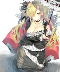Rule 34 | 1girl, :&gt;, black dress, blonde hair, breasts, cleavage, closed mouth, collarbone, dress, frilled umbrella, frills, gothic lolita, hair over one eye, hand up, highres, holding, holding umbrella, jewelry, kneeling, large breasts, lolita fashion, long hair, looking at viewer, necklace, original, parted bangs, peragura, sitting, solo, twintails, umbrella, very long hair, yellow eyes