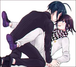 Rule 34 | 2boys, ahoge, bad id, bad pixiv id, black border, black hair, blue hair, blush, border, boy on top, checkered clothes, checkered scarf, commentary request, danganronpa (series), danganronpa v3: killing harmony, eye contact, full body, gakuran, highres, jacket, kokeshi 1101, legs up, long sleeves, looking at another, male focus, multicolored hair, multiple boys, oma kokichi, open mouth, pants, pink hair, purple eyes, purple footwear, purple hair, saihara shuichi, scarf, school uniform, shirt, shoes, short hair, simple background, smile, socks, straitjacket, striped clothes, striped jacket, striped pants, two-tone hair, white background, white jacket, yaoi