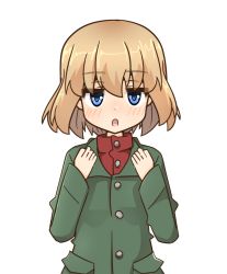 Rule 34 | 1girl, blonde hair, blue eyes, blush, bob cut, commentary, fang, girls und panzer, green jacket, half-closed eyes, jacket, katyusha (girls und panzer), long sleeves, looking at viewer, open mouth, pravda school uniform, red shirt, rico (rico-tei), school uniform, shirt, short hair, simple background, solo, turtleneck, upper body, white background
